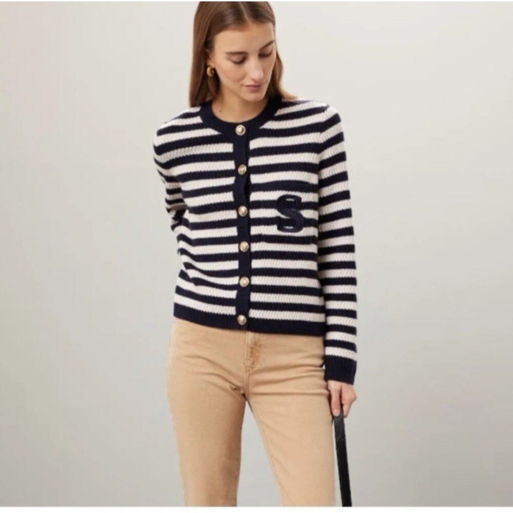 Sandro Paris Striped Breton Cardigan Sweater Jacket Black Ivory SZ 3/M Classic - Picture 3 of 14
